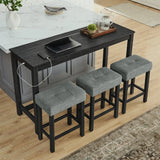 59 Inch Bar Table, Dining Table, Sofa Table with Power Outlet, 3 Upholstered Stools, 4 Piece Bar Table and Chair Set for Living Room, Dining Room, Kitchen