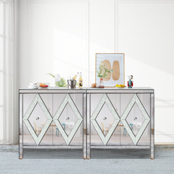 Storage Cabinet With Mirror Trim And Diamond Shape Design  Spliced Combination For Living Room, Dining Room, Entryway, Kitchen
