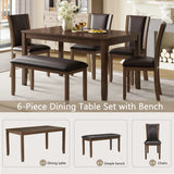 6-Piece Dining Table Set with Bench and Chairs, Wooden dining table set for 6 people, Farmhouse Rustic Style 6 Person Dining Table Set for Dining Room, Kitchen, Dark Walnut