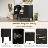 Traditional 30" Black Bathroom Vanity Set, Floor Standing, with Three Drawers, Soft Close Doors, with Long Gold Metal Handles - Perfect for Small Bathrooms