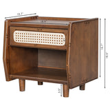 Walnut Nightstand with Rattan Detail, MDF + Solid Wood, Modern Bedroom Storage, Open Shelf & Drawer, Indoor Furniture