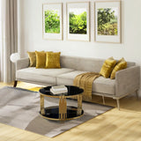 Modern Black Mirror Coffee Table, Asymmetrical Metal, Circular Metal Drum Base, Gold Finish & Lower Shelf