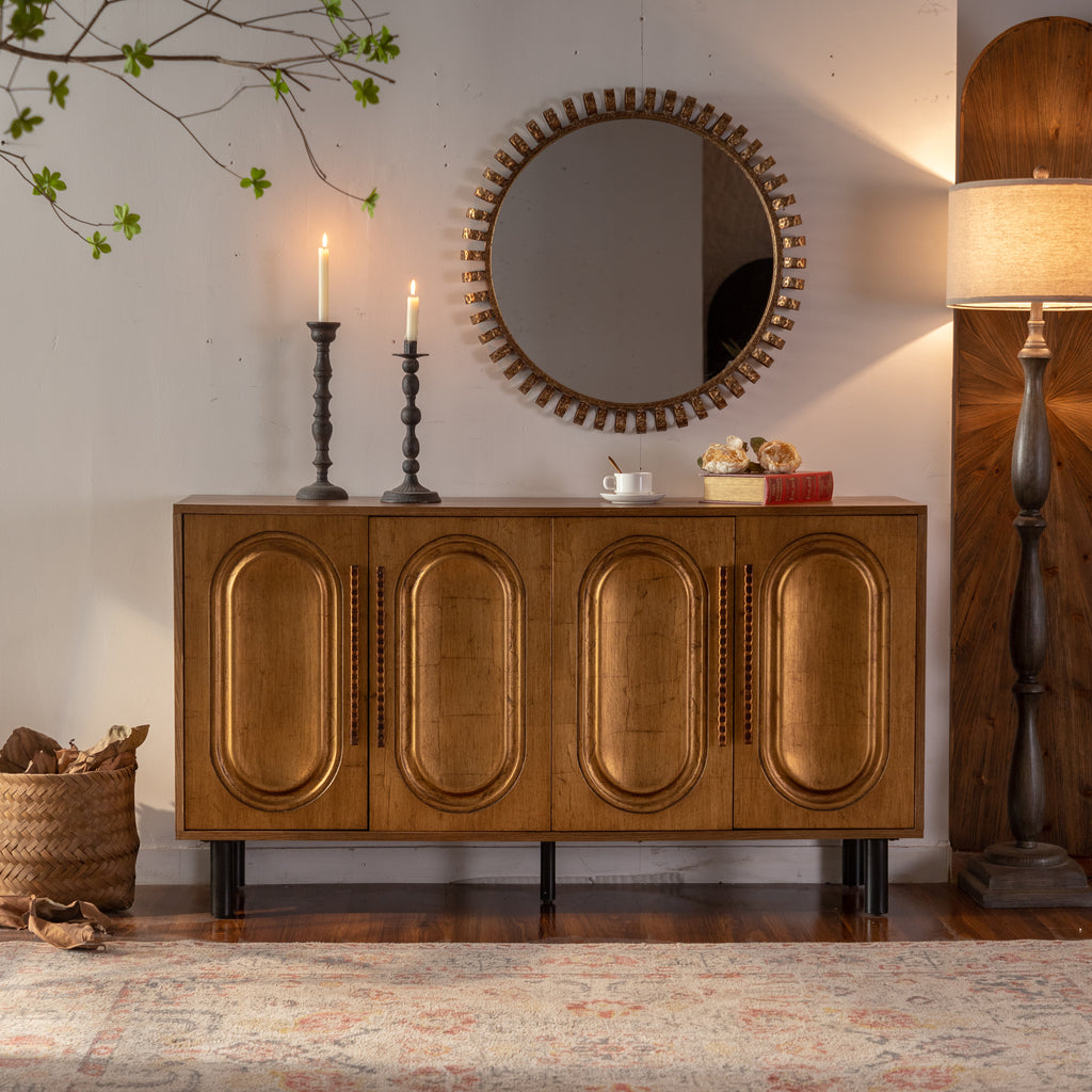 59.84" Gold-Toned 4-Door Sideboard Buffet Cabinet - Solid Wood & MDF Arched Door Storage Console Table for Dining Room/Living Room