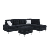 Sectional 3-Seaters Sofa with Chaise, Storage Ottoman, Metal Legs and Copper Nails,Two White Pillows ,Navy Bule(102" x 76" x35")