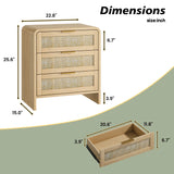 Rattan 3 Drawers Nightstand set of 2,  22.8" Wide Curved Wooden Bedside Table, Modern Storage for Bedroom, Natural Oak.