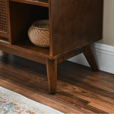 Mid Century Modern Rattan Sideboard Cabinet, Buffet Cabinet for Entryway Hallway Living Room Kitchen Dining Room, Adjustable Shelf & Solid Wood Feet & Rattan Cabinet Doors - Dark Wood