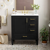 Traditional 30" Black Bathroom Vanity Set, Floor Standing, with Three Drawers, Soft Close Doors, with Long Gold Metal Handles - Perfect for Small Bathrooms