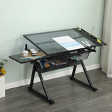 Drafting Table, 0-75° Adjustable Glass Top Artist Table  - Height Adjustable Drafting Desk with Large Storage for Painting & Crafting - Ideal for Designers and Art Students (black)