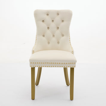A&A Furniture, Nikki Collection Modern, High-end Tufted Solid Wood Contemporary Velvet Upholstered Dining Chair with golden Wood Legs Nailhead Trim 2-Pcs Set, Milky White,SW1401MW