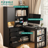 L Shaped Desk,Computer Desk with Drawers,Bookshelf,with LED Light,Modern Corner Desk,Home Office Desk,L-Shaped Study Table Writing Desk,Corner Gaming Computer Desk with Storage