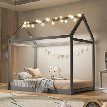 Twin Size Wooden House Bed, Gray