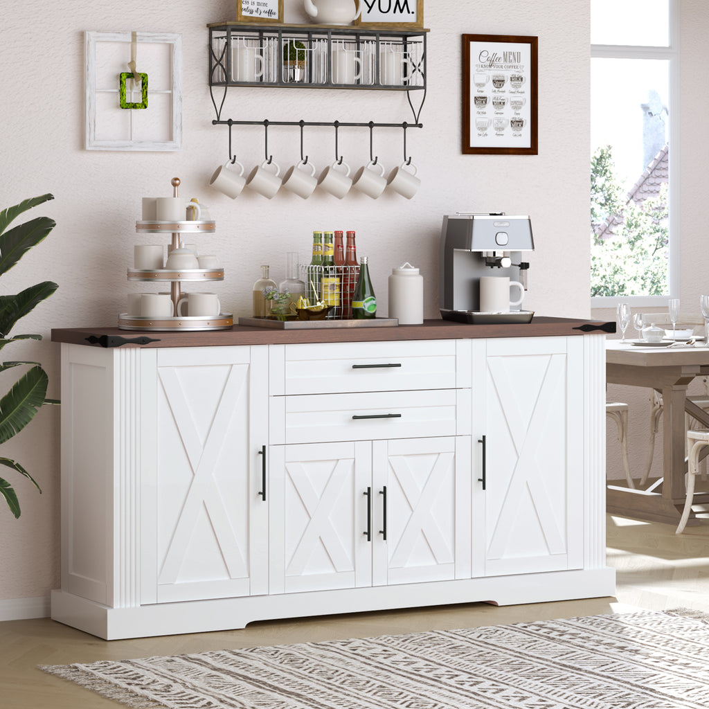 63" Farmhouse Barn Door Storage Cabinet with 2 Drawers & Door Rack, Large Buffet Table Coffee Bar Cabinets with Adjustable Shelves for Kitchen, Living Room, Entryway, Dining Room, White