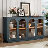 TREXM 4-Door Large Storage Buffet Cabinet with Glass Doors, Arched Cabinet with Adjustable Shelves for Kitchen, Dining Room and Living Room (Black)