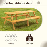 8 Person Brown Wooden Picnic Table, Outdoor Camping Dining Table with 2 Seats, Garden, DIY with 2 Built-in Benches, 2220lb Capacity