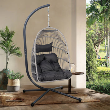 Outdoor Egg Hanging Chair with Stand, Patio Wicker Swing Egg Chair Indoor Swinging Chair Outdoor Hammock Egg Chair