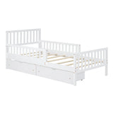 Twin Size Wood Platform Bed with Guardrails on Both Sides and Two Storage Drawers ,White