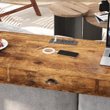 3-Drawer Long Dining Table Set with Power Outlets, Bar Kitchen Table Set with Circular PU Stools, Easy Assemble,Brown