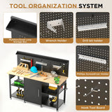 60 Inch Heavy Duty Workbench with Storage Cabinet, Wooden Top, 2000 lbs Capacity, Large Garage Work Table with Pegboard, Power Outlet