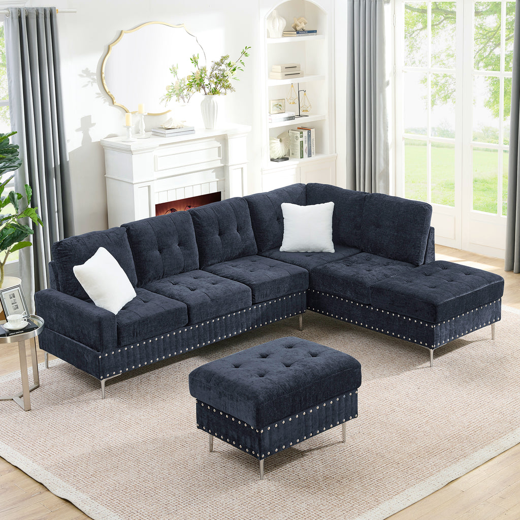 Sectional 3-Seaters Sofa with Chaise, Storage Ottoman, Metal Legs and Copper Nails,Two White Pillows ,Navy Bule(102" x 76" x35")