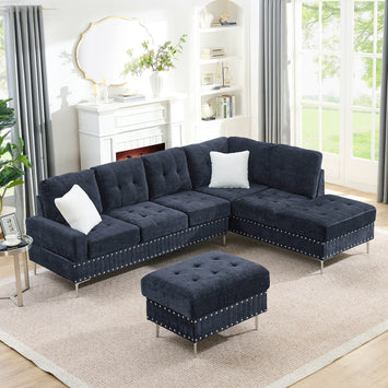 Sectional 3-Seaters Sofa with Chaise, Storage Ottoman, Metal Legs and Copper Nails,Two White Pillows ,Navy Bule(102