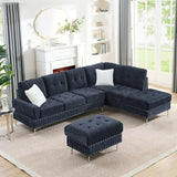 Sectional 3-Seaters Sofa with Chaise, Storage Ottoman, Metal Legs and Copper Nails,Two White Pillows ,Navy Bule(102" x 76" x35")