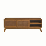 59 Inch Mid Century Modern Rattan TV Stand for 65 Inch TV, Entertainment Cabinet, Media Console for Living Room Media Room, Solid Wood Feet & Rattan Cabinet Doors - Light Wood