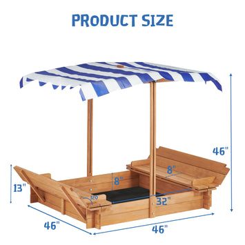 Kids Sandbox with Adjustable Cover, 46'' Wooden Sand Box with 2 Foldable Bench Seats, Outdoor Sandpit for Backyard Play