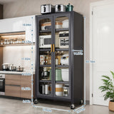 65" Kitchen Pantry Storage Cabinet, 6 Tier Metal Display Storage Cabinet with Transparent Door, Adjustable Shelves & Wheels, Food Pantries Cabinets, for Kitchen, Living Room and Dining Room, Gray