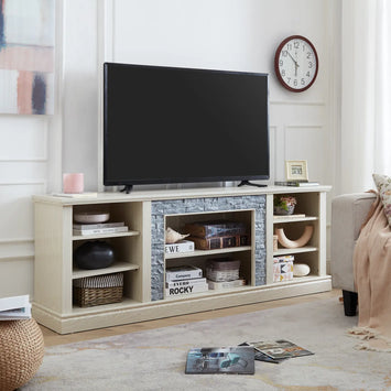Large TV Desk Storage Rack with Faux Stacked Stone Surround,Media Console Table with Large Storage Cabinet,Modern TV Media Entertaionment Stand,WHITE, 70.12
