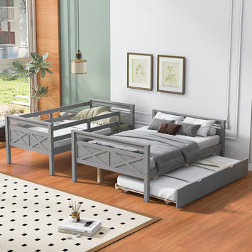 Twin over Full Bunk Bed with Ladder, Twin Size Trundle, Safety Guardrail, Gray