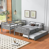 Twin over Full Bunk Bed with Ladder, Twin Size Trundle, Safety Guardrail, Gray