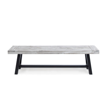 Light Grey Sandblast Finish Acacia Wood Dining Bench with Black Rustic Metal Finish Frame