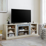 Large TV Desk Storage Rack with Faux Stacked Stone Surround,Media Console Table with Large Storage Cabinet,Modern TV Media Entertaionment Stand,WHITE, 70.12"W*15.35"D*25.83"H