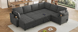 109.9" Sectional Sofa Versatile Sofa Bed Sofa Sleeper U-shaped Sofa with Ample Storage Space, Two Cup Holders and Charging Ports for Living Room, Beige,Grey