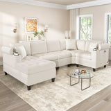Modern U-shaped Sectional Sofa 115.7" Corner Sectional Living Room Couch Oversized Sectional with with Built-in Cup Holders, Storage Space and USB Ports for Living Room, Beige