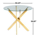 Golden Dining Table with cross metal leg and glass,Modern Space Saving Kitchen Table for Living Room
