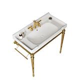 VICI 36" Bathroom Console Sink, Wall-Mounted White Ceramic Vanity Basin with 3 Pre-drilled Faucet Holes, Freestanding Stainless Steel Support Legs with Towel Bar, No Faucet & Sink Cover, Gold Color