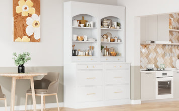 [Assembly Video Provided] TOPMAX Modern 83.7inch High Kitchen Pantry, Freestanding Tall Kitchen Hutch with Faux Marble Top,Cupboard Cabinet with 5 Storage Drawers and Adjustable Shelf, Set of 2, White