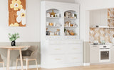 [Assembly Video Provided] TOPMAX Modern 83.7inch High Kitchen Pantry, Freestanding Tall Kitchen Hutch with Faux Marble Top,Cupboard Cabinet with 5 Storage Drawers and Adjustable Shelf, Set of 2, White