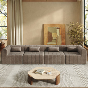 145.5 Inch Modular Full-Compressed Sectional Sofa, Espresso Polyester Upholstered Modular Sofa with 4 Pieces, Compressed Sponge Modular Couch for Living Room