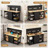 60 Inch Heavy Duty Workbench with Storage Cabinet, Wooden Top, 2000 lbs Capacity, Large Garage Work Table with Pegboard, Power Outlet