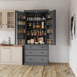 [Assembly Video Provided]TOPMAX 77inch Farmhouse Kitchen Pantry, Freestanding Tall Cupboard Storage Cabinet with 3 Adjustable Shelves, 8 Door Shelves, 3 Drawers for Kitchen, Dining Room, Gray