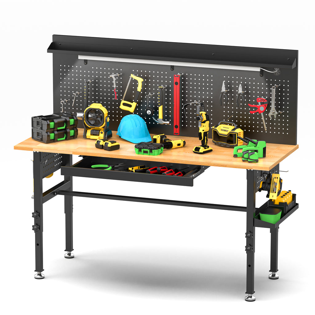 60″ Workbench with Drawers ,Solid Wood Top, 2000 lbs Capacity, Adjustable Height Garage Work Table with Power Outlet, LED Light, Wheels or Leveling Feet
