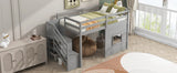 Twin Size Loft Bed with Storage Staircase and Window, With LED Light, Gray