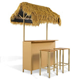 GO Hawaiian-style Bar Height Patio Set with PE Grass Canopy, Outdoor Bar Table and Stools with Adjustable Feet, Acacia Wood Top, for Dining and Drinking, Natural