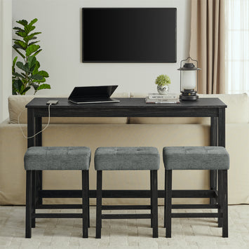 59 Inch Bar Table, Dining Table, Sofa Table with Power Outlet, 3 Upholstered Stools, 4 Piece Bar Table and Chair Set for Living Room, Dining Room, Kitchen