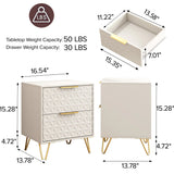 set of 2 nightstand with Light-Luxury Wall-Mounted Cabinet: 2 Drawers, Bottom support rail , Gold Legs & Handles, 3D Embossed, for Bedroom/Living Room/Office