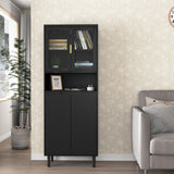 Tempered Glass Door Tall Storage Bookcase with adjustable board, 4 doors MDF painting finished cabinet, Navy Blue, Living room Bedroom storage