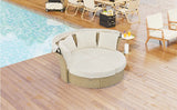 Outdoor Patio Daybed Wicker Rattan Double Daybed Round Sofa Furniture Set with Retractable Canopy, 4 Pillows for Lawn Garden Backyard Porch Pool, Beige