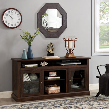 Modern TV Stand for up to 65 Inch TVs, Entertainment Center Farmhouse TV Cabinet Media Console Table with Glass Doors for Living Room, Brown 60